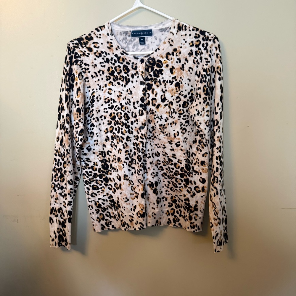 Karen‎ Scott Cardigan Womens PM White Animal Print Collarless Lightweight Button